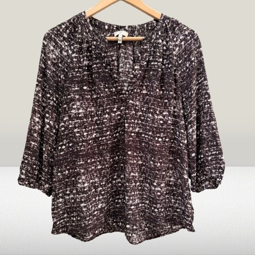 Joie 100% Silk Blouse Abstract Print V Neck 3/4 Sleeve Neutral Xs